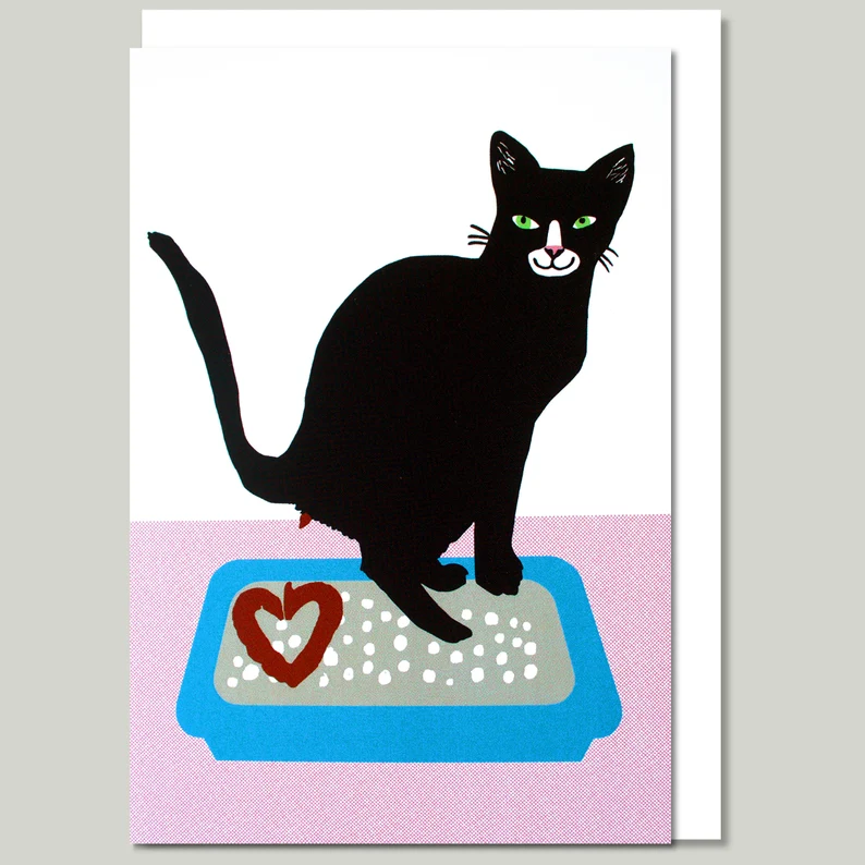funny cat card in litterbox