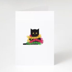 Black cat with tinsel Christmas card